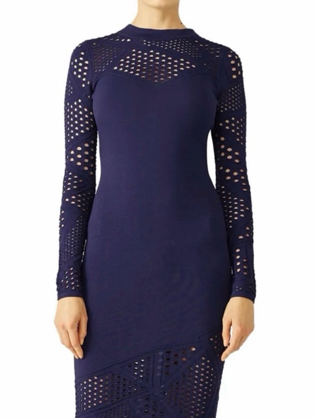 MILLY Lasercut Pointelle Sheath Bodycon Dress in Navy Blue Size XS
